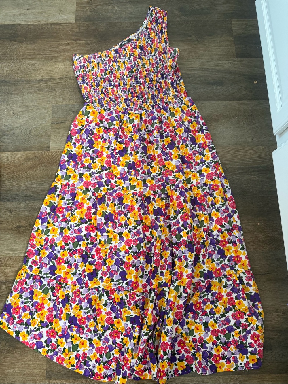 Women's One-Shoulder Floral Maxi Dress - Purple, Yellow & Pink